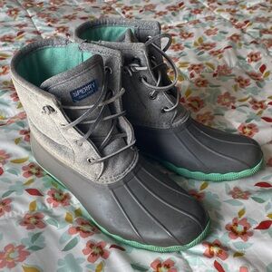 Sperry Girls Gray and Teal Saltwater Rain Boots